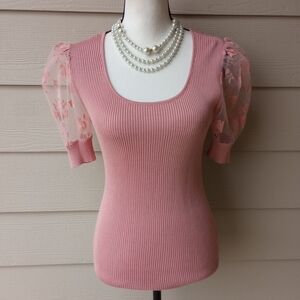 Almost Famous Dusty Rose Pink Floral Lace Puff Sleeve Ribbed Top